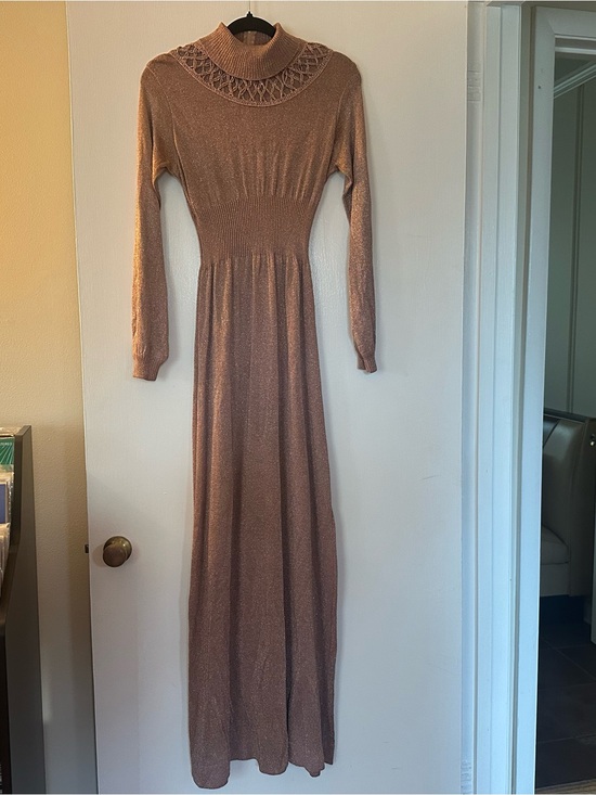 Dresses & Skirts - Vintage Long Sleeve Turtleneck Maxi Dress in Metallic Rose Brown